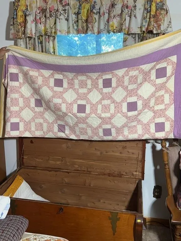 Hand-Stitched Patchwork Quilt with Lavender Geomet