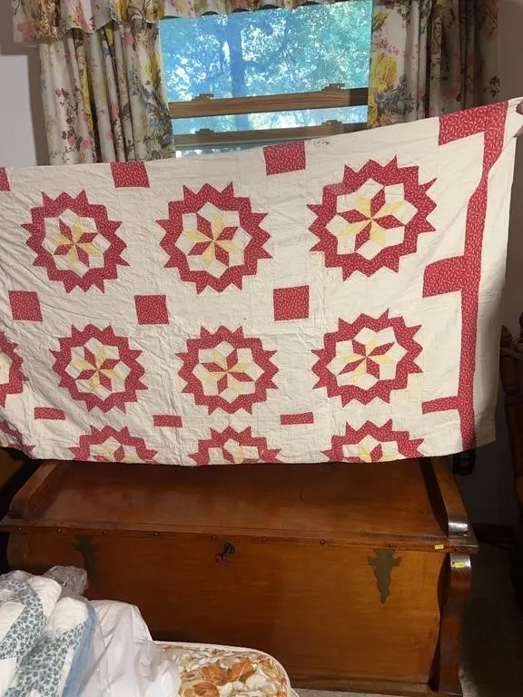 Antique Feathered Star Cotton Quilt Red Calico Whi