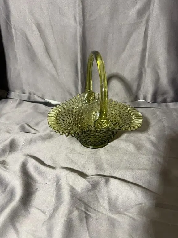 Fenton Olive Green Hobnail Glass Basket with Appli