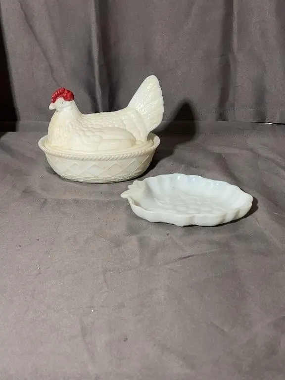 White Milk Glass Hen on Nest Dish and Leaf Tray