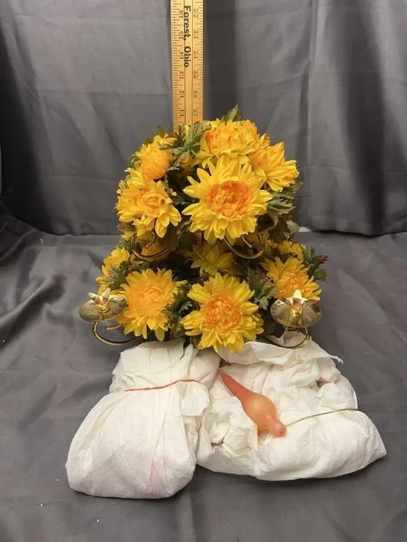 Brass Tone Candelabra Centerpiece with Faux Yellow