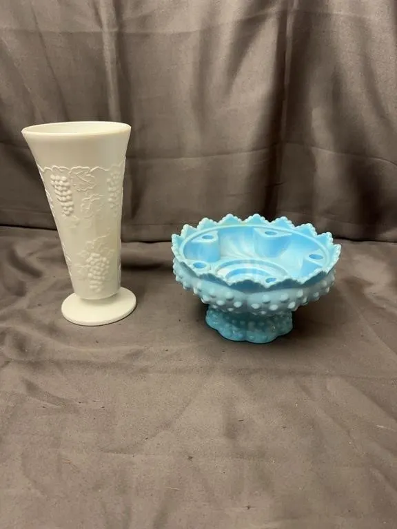 Fenton Blue Slag Hobnail Candle Bowl and Milk Glas