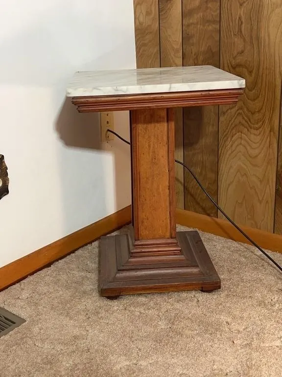Antique Carved Wood Pedestal Stand with White Marb