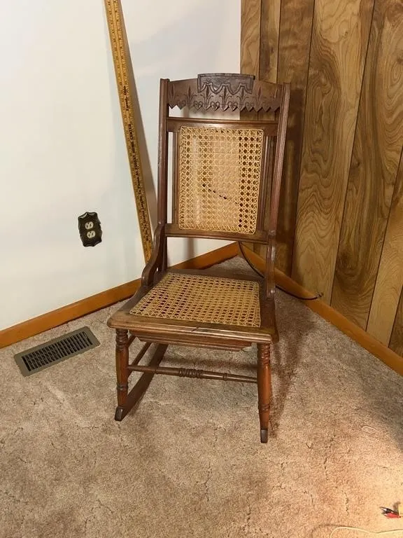 Antique Carved Wood Rocking Chair with Woven Caned