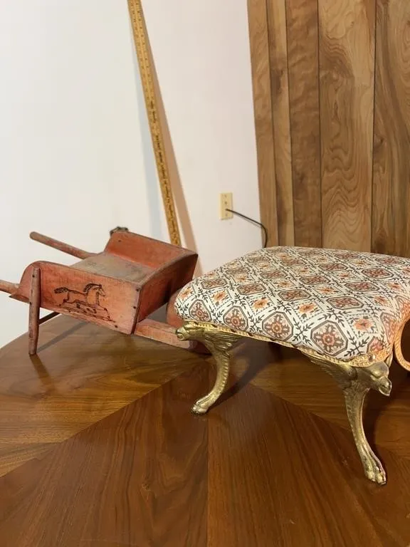Antique Cast Metal Griffin Footstool and Folk Art