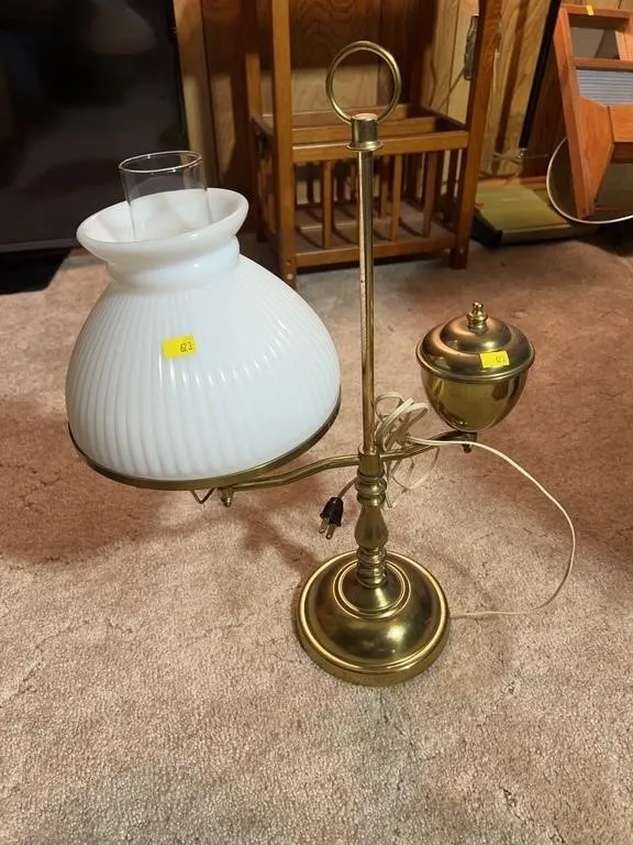 Brass Single Arm Student Lamp Ribbed Milk Glass Sh
