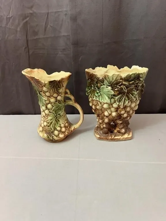 McCoy Pottery Two Tone Grape Pattern Ewer and Foot