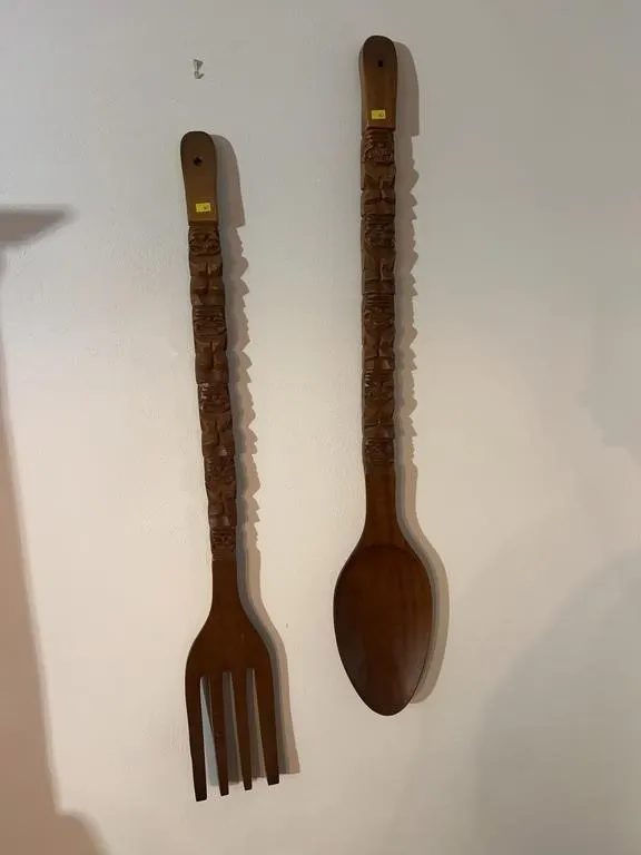 Large Carved Wood Tiki Totem Fork and Spoon Wall A