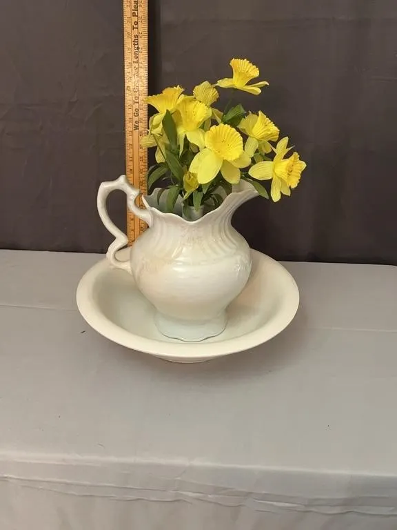 Antique White Ironstone Wash Basin and Pitcher wit
