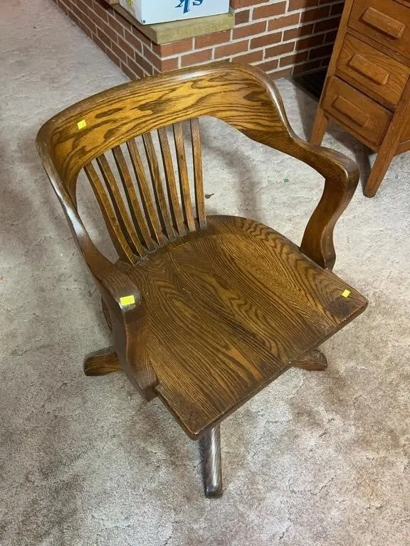 Antique Oak Swivel Bankers Desk Armchair with Iron