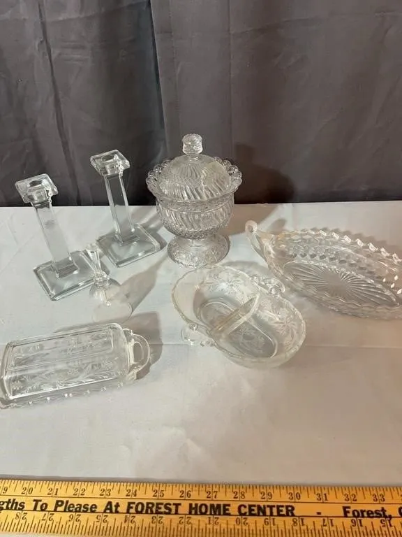 Clear Cut and Etched Pressed Glass Tableware Lot