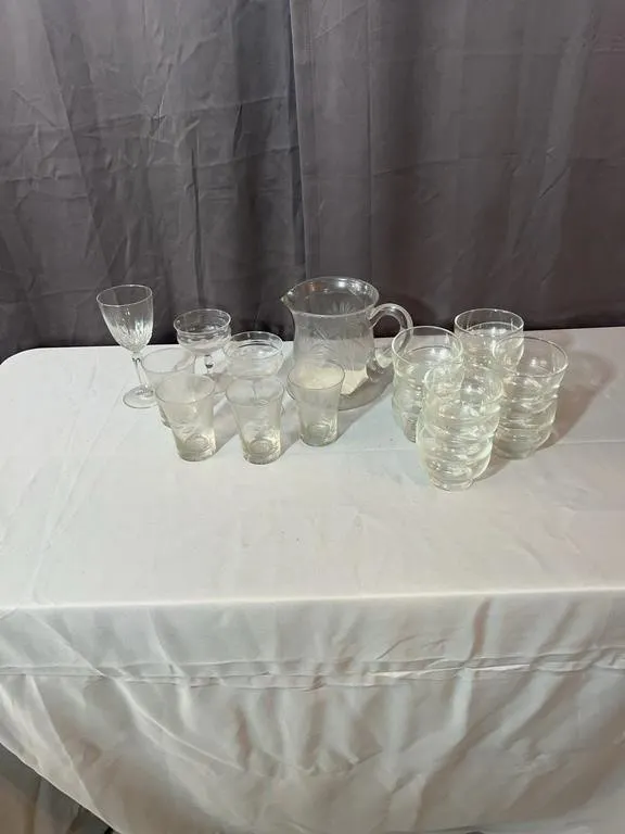 Etched Floral Pitcher Tumblers and Footed Glasswar