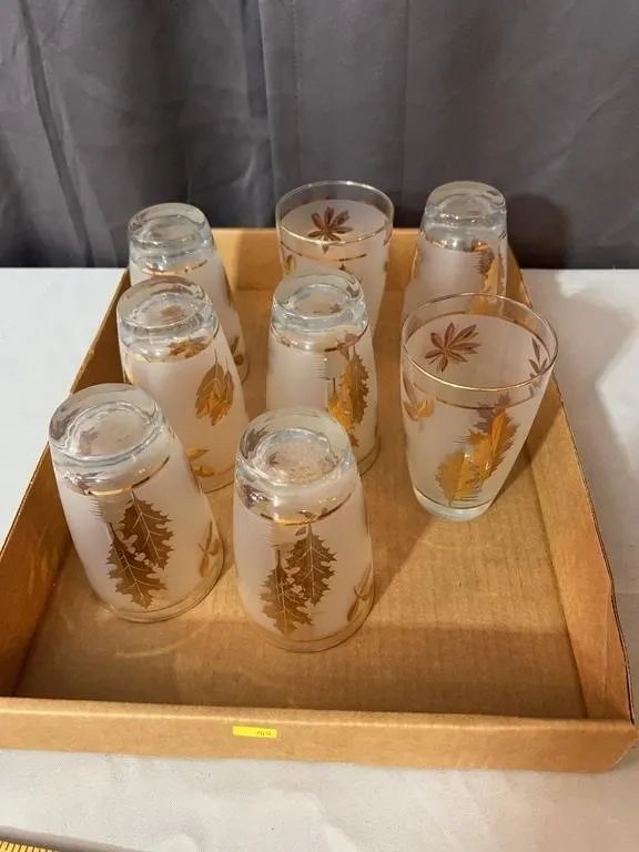 Mid Century Frosted Glass Tumblers With Gilded Aut