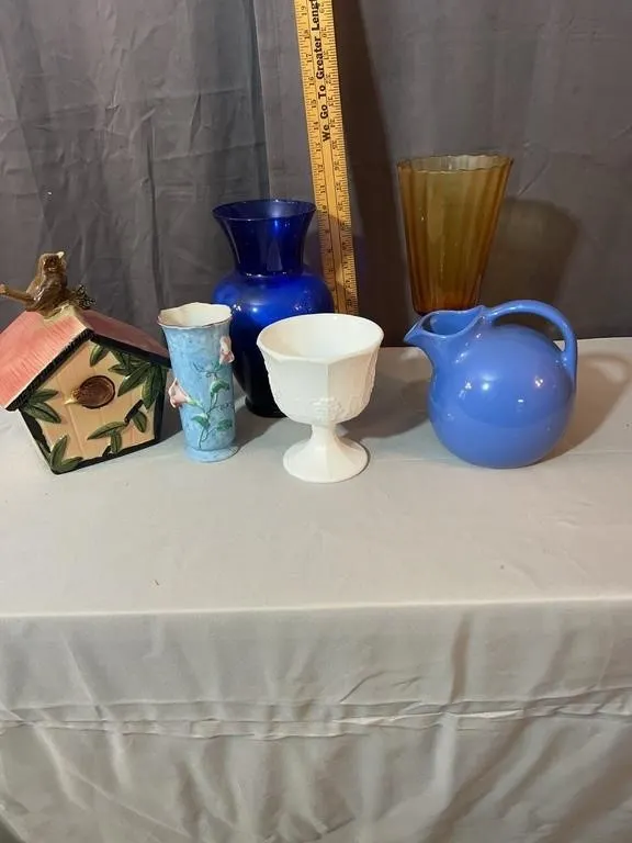Assorted Ceramic and Art Glass Vessels with Birdho