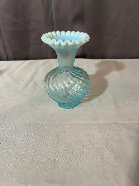 Fenton Aqua Blue Swirled Glass Vase With Opalescen