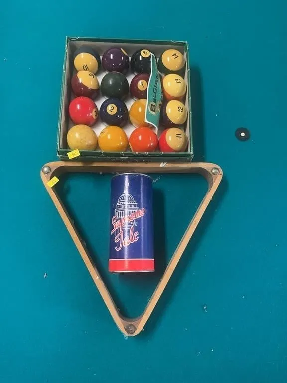 Billiard Cue Wall Rack with Cues, Aramith Balls, a
