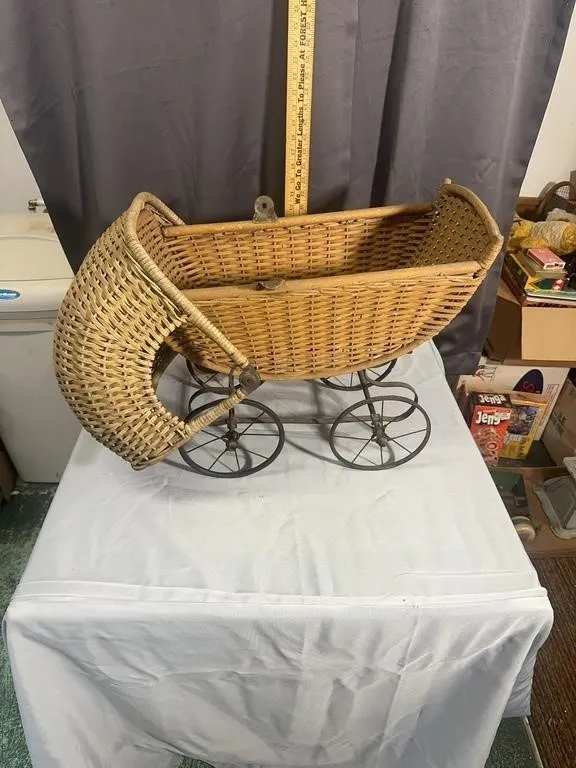 Antique Woven Wicker Doll Carriage with Metal Spok