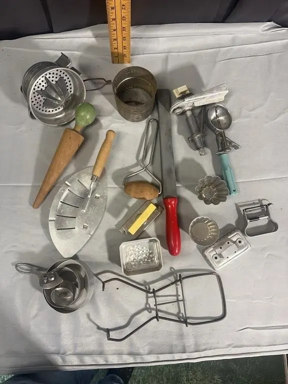 Antique and Mid-Century Metal Kitchen Utensils wit
