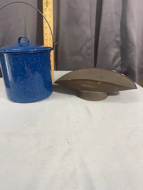 Blue Graniteware Enamel Lidded Bail Pail and Antiq