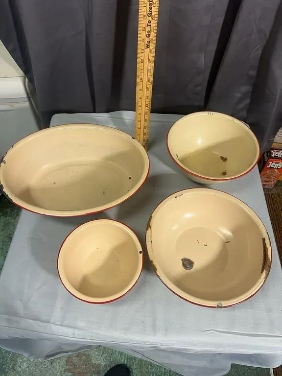 Cream Enamelware Basins and Mixing Bowls Red Trim