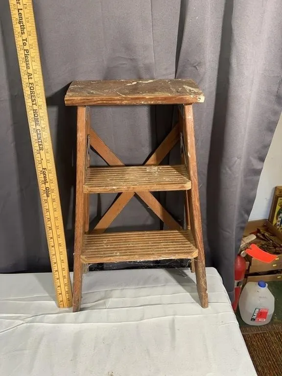 Wooden Folding Two Step Stool Ladder With Metal Br