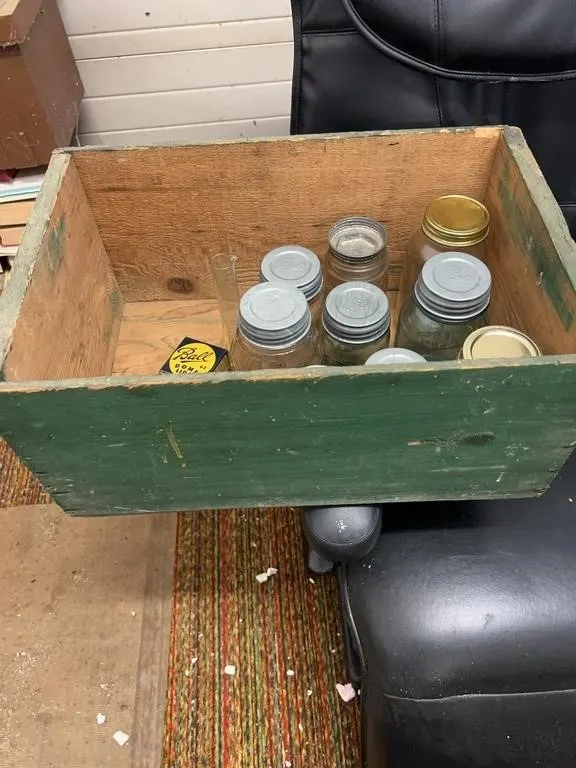 Antique Canning Jars in Wood Crate With Ball Dome