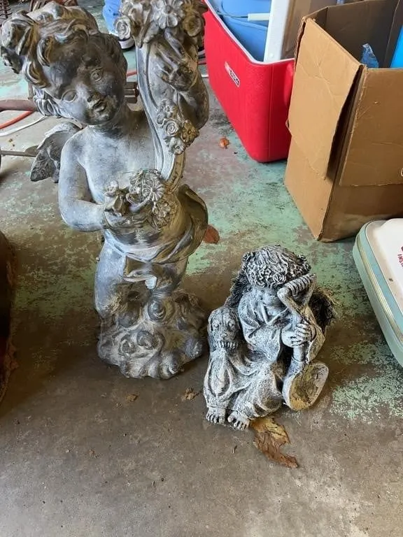 Cast Stone Cherub and Winged Garden Statuary Two P