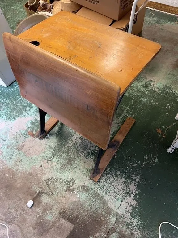 Antique Cast Iron and Wood School Desk with Inkwel