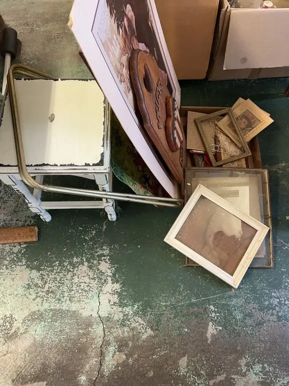 Antique Painted Cottage Side Table with Picture Fr