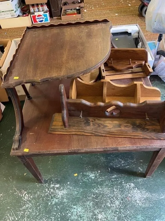 Two Tier Corner Table with Assorted Wooden Wall Sh