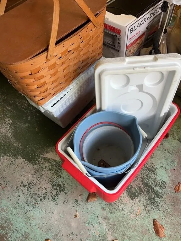 Red Hard Cooler with Nested Buckets and Woven Picn