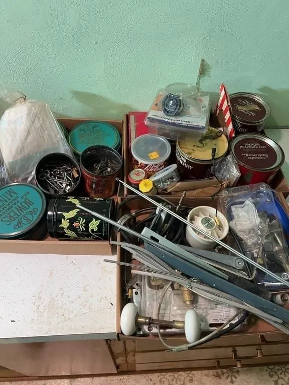 Workshop Hardware Lot with Advertising Tins Door H