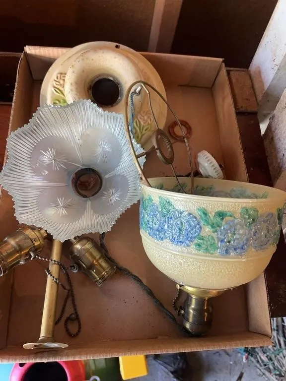 Assorted Antique Glass Lamp Shades and Brass Fixtu