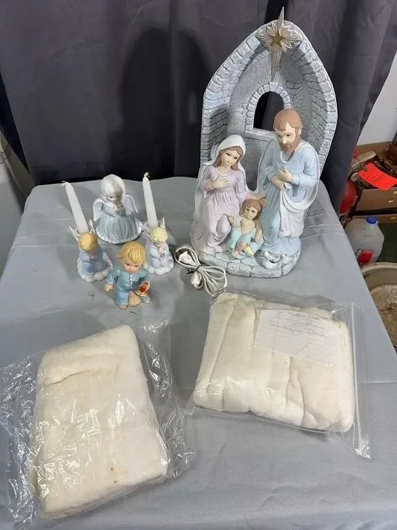 Lighted Nativity Scene Ceramic Angel Figurines and