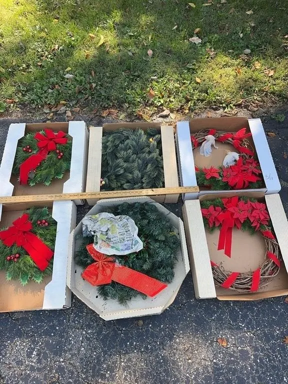 Assorted Artificial Christmas Wreaths and Pine Gre