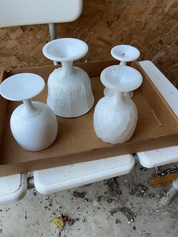 Assorted White Milk Glass Goblets and Stemware