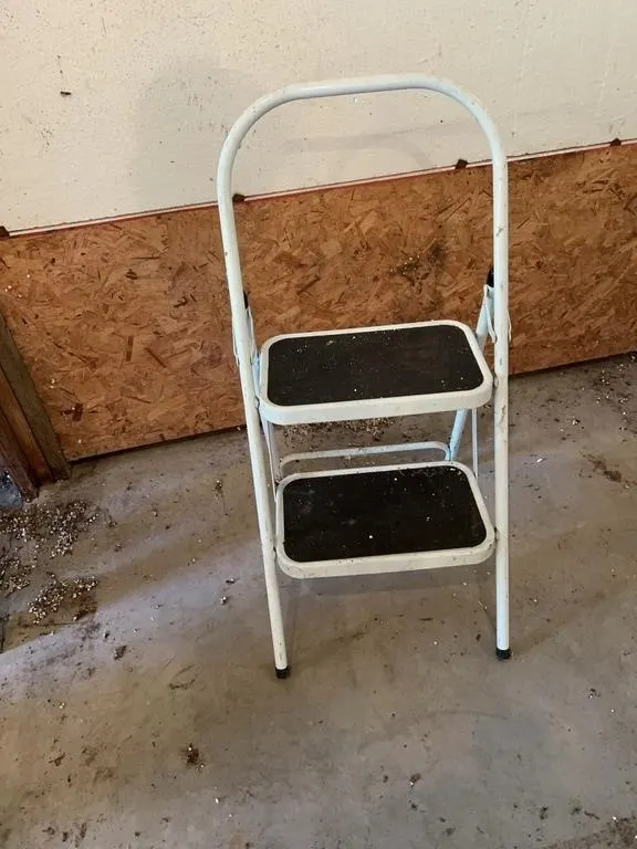 White Two-Step Folding Metal Ladder Stool Combo