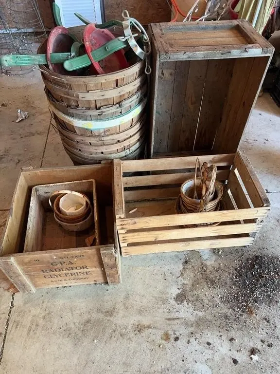 Antique Wooden Advertising Shipping Crates and Bus