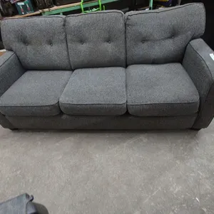Contemporary Three-Seater Sofa with Grey Heathered Upholstery and Button-Tufted Back. 81”