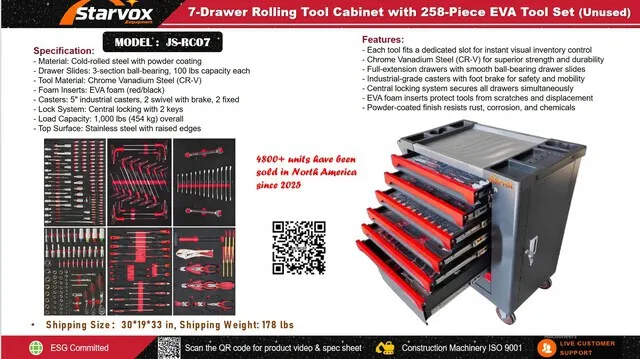 2026 STARVOX JS-RC07 Tool Cart w/ (258) pcs Tool Set (Unused)