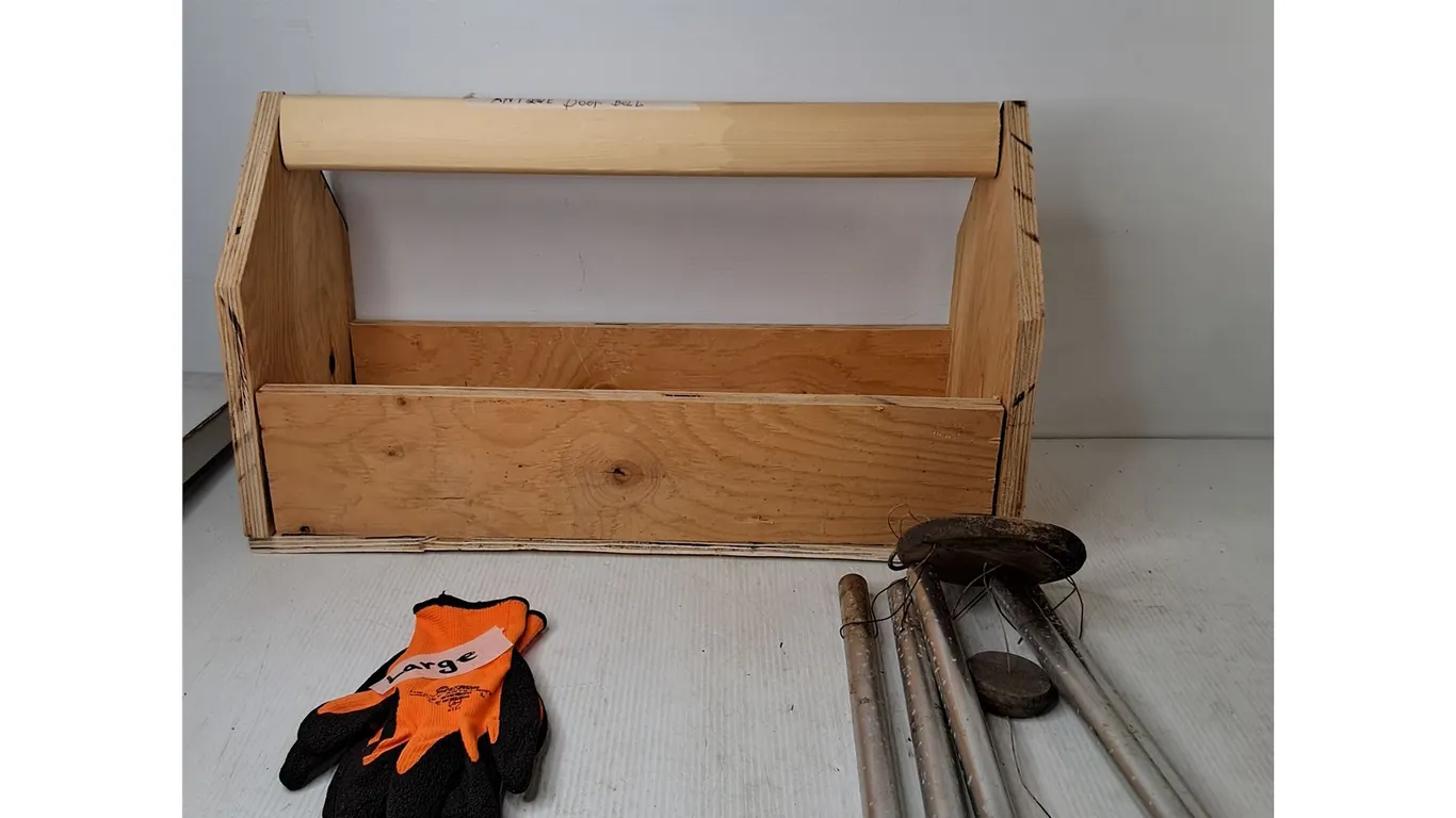 Large Work Gloves, Wind Chime, Wooden Tool Box 24"x10"x14" (cannot ship)