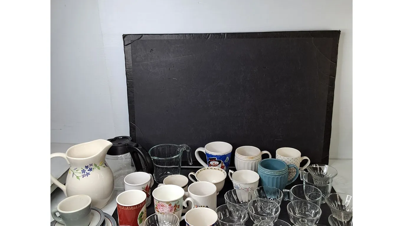 Various Glassware, Mugs, Pitcher, Kettle, Plates, Misc ( cannot ship)