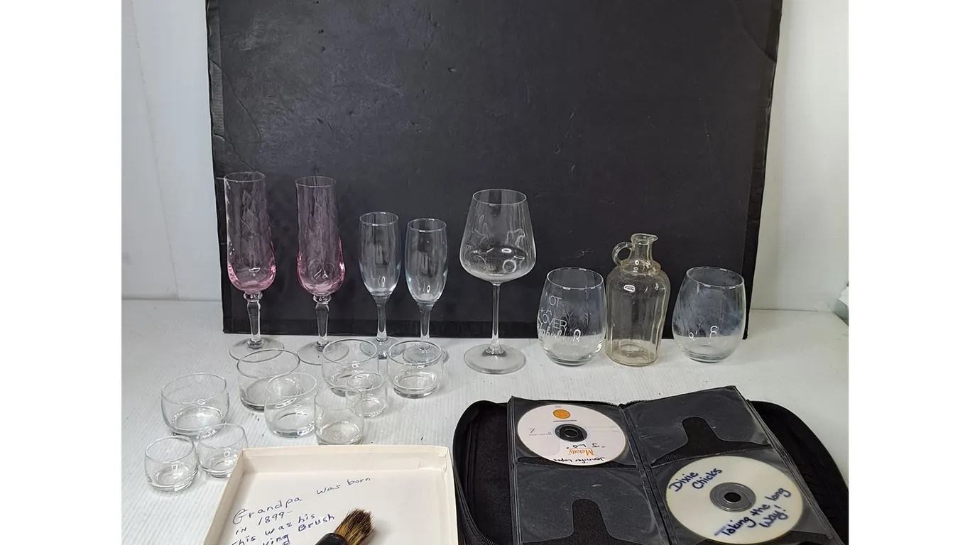 Various Glassware, Antique Shaving Brush, CD Case