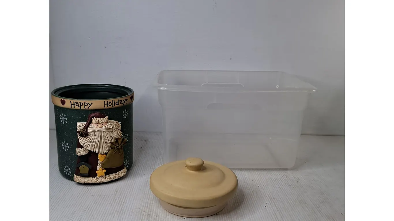 Happy Holidays Cookie Jar, Plastic Container 14"x9"x9" (cannot ship)