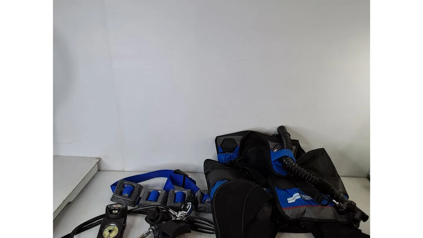 Various Scuba Gear; Head Covering, Gloves, Vest, Weights, Vest, Misc