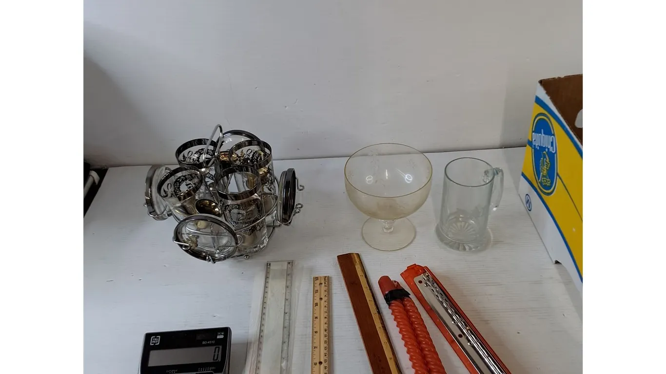 Barware Set, Large Chalice, " DAD" Mug, Calculator, (3) Rulers, (2) Candles, Hole Punch, Platter