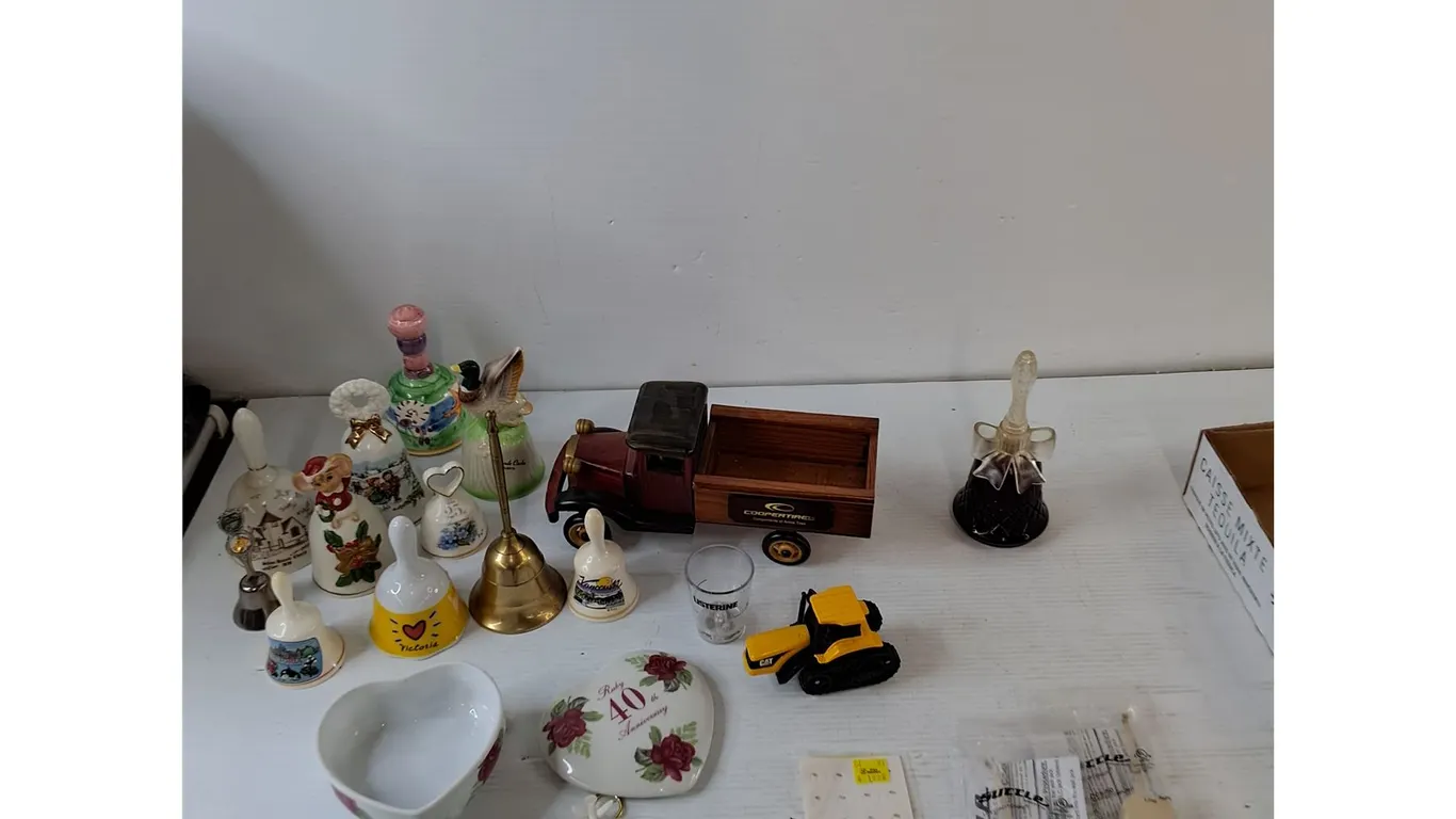 Assorted Metal and Ceramic Bells, Cooper Tires Wooden Toy Truck, Cologne, Heart Container, Misc
