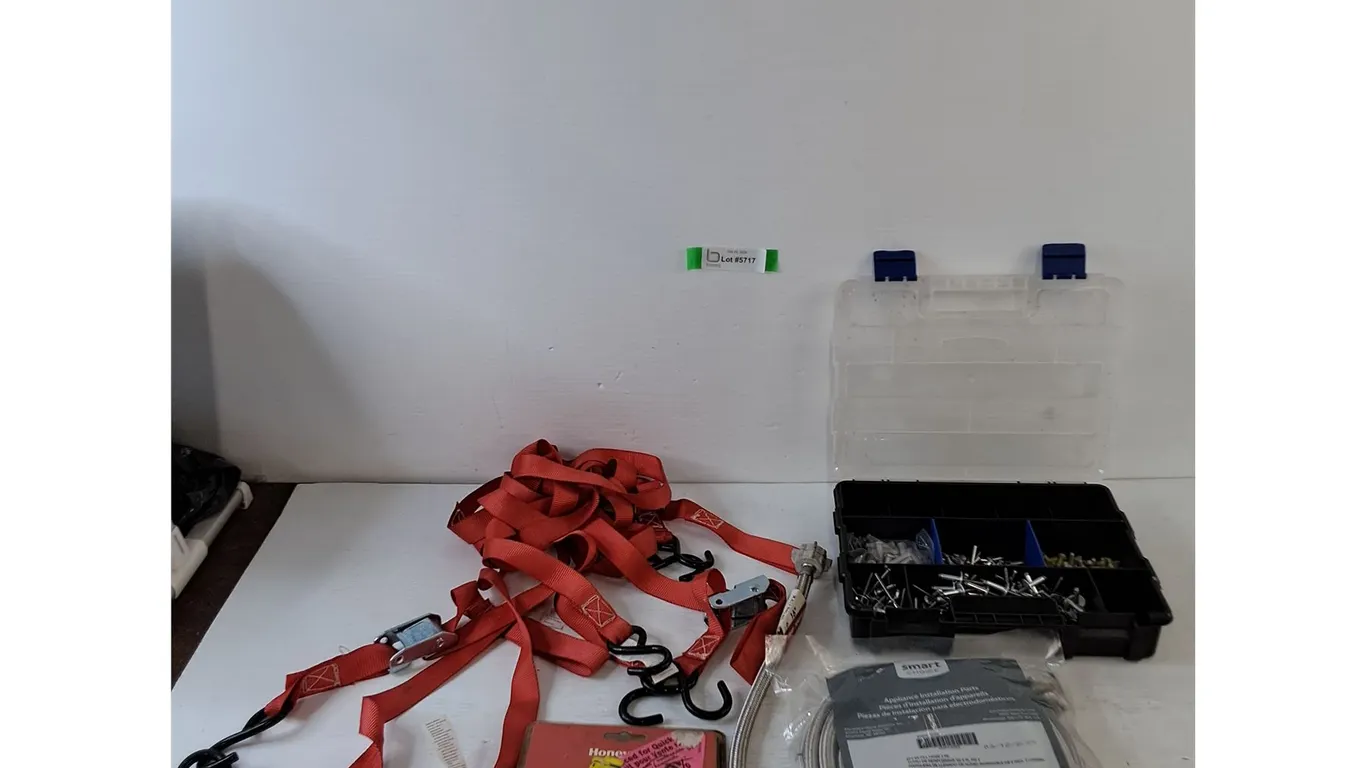Assorted Red Tie Down Straps, Appliance Installation Parts Sealed Bag, Programmable Thermostat, Misc