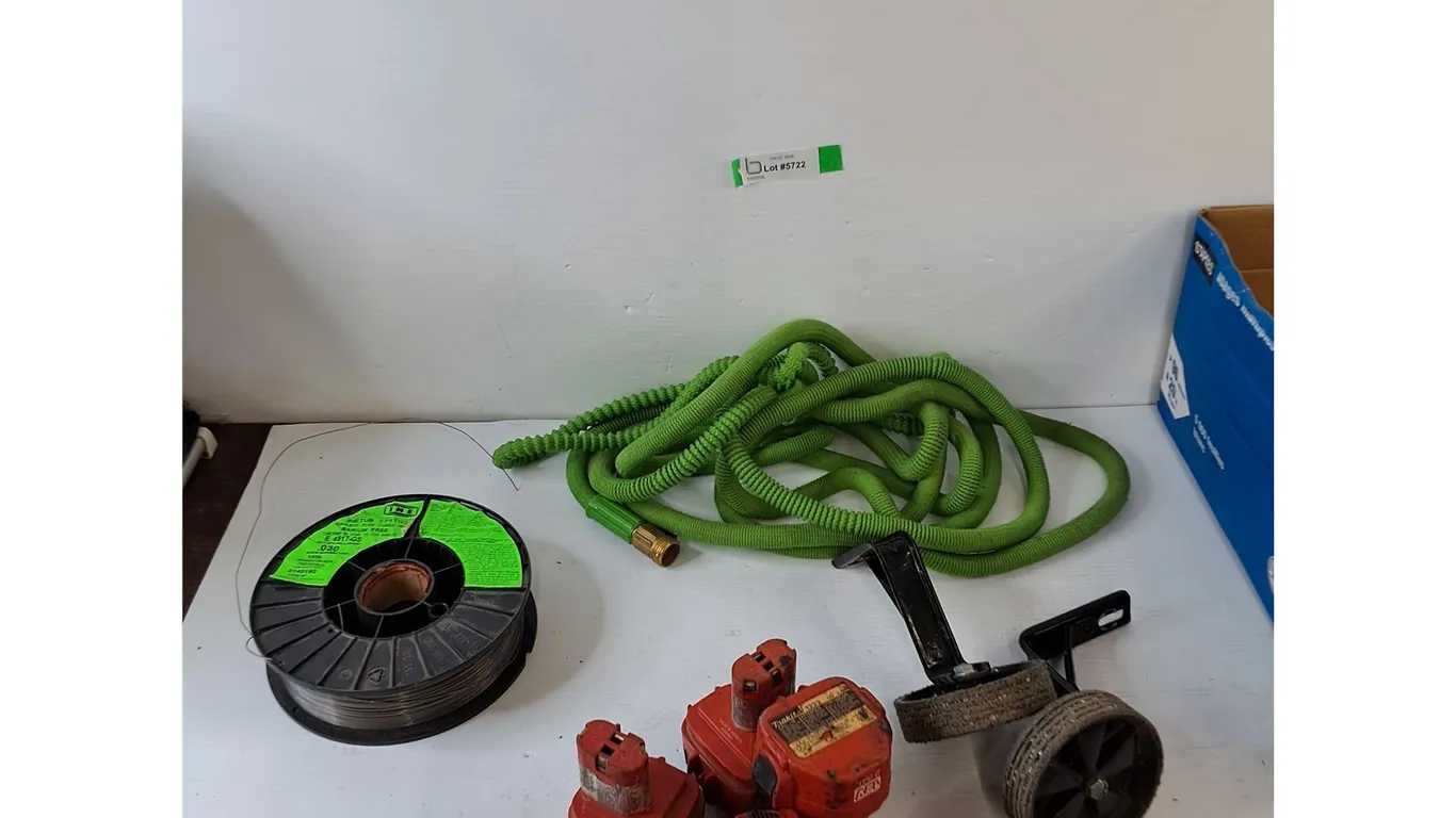 Expandable Garden Hose As-Is, Flux Cored Wire Coil, (5) Matika Batteries Untested As-Is, (2) Wheels