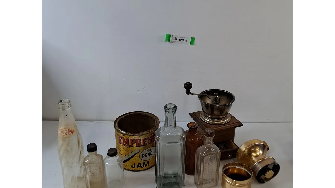 (6) Vintage Bottles, Empress Jam Tin, (2) Coffee Grinders